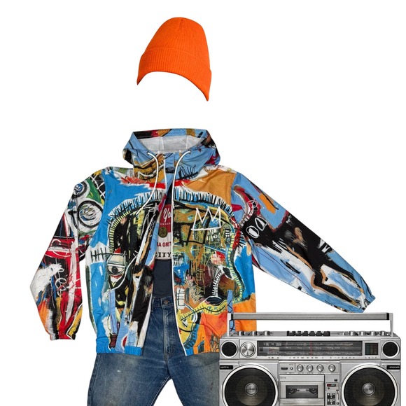 Members Only Jean-Michel Basquiat Windbreaker Jacket Large Multi Color Hooded - Picture 6 of 6